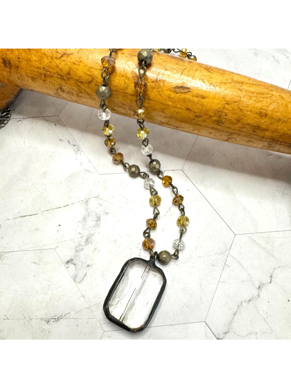 Melania Clara Necklace Glass Square Pendant Faceted Bead Antiqued Gold Tone